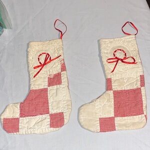 Vintage handmade Red and Cream Holiday quilted patchwork Stockings